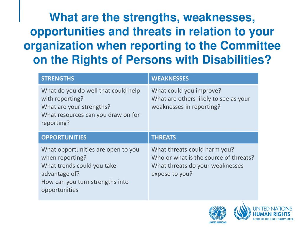 What are the strengths, weaknesses, opportunities and threats in relation to your organization when reporting to the Committee on the Rights of Persons with Disabilities