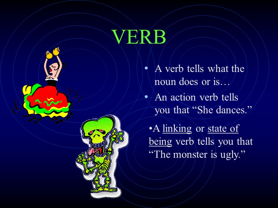 VERB A verb tells what the noun does or is…