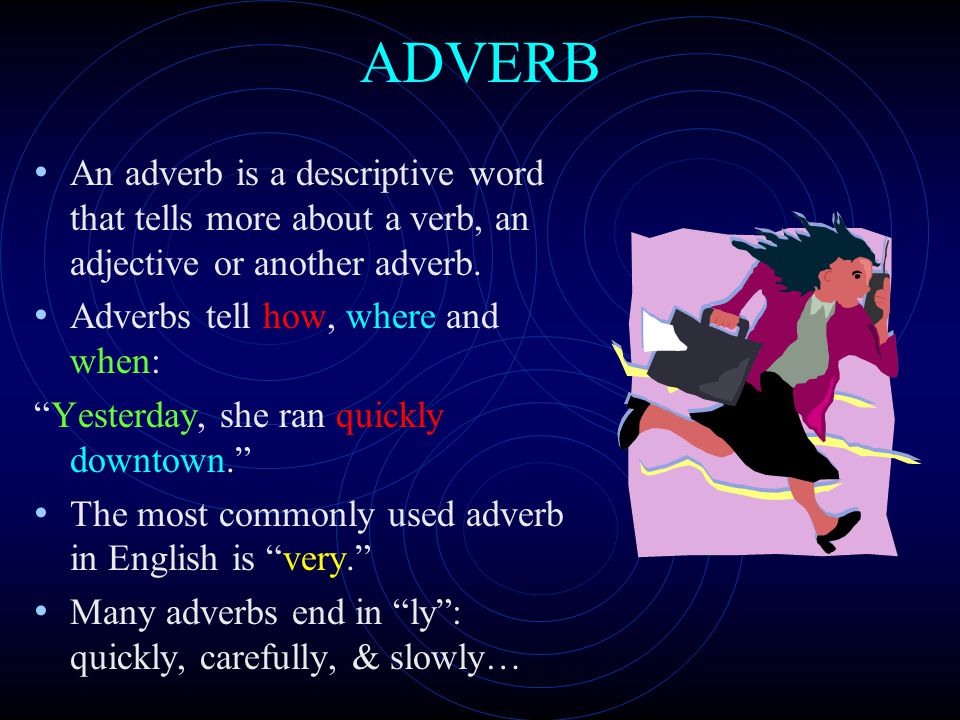 ADVERB An adverb is a descriptive word that tells more about a verb, an adjective or another adverb.