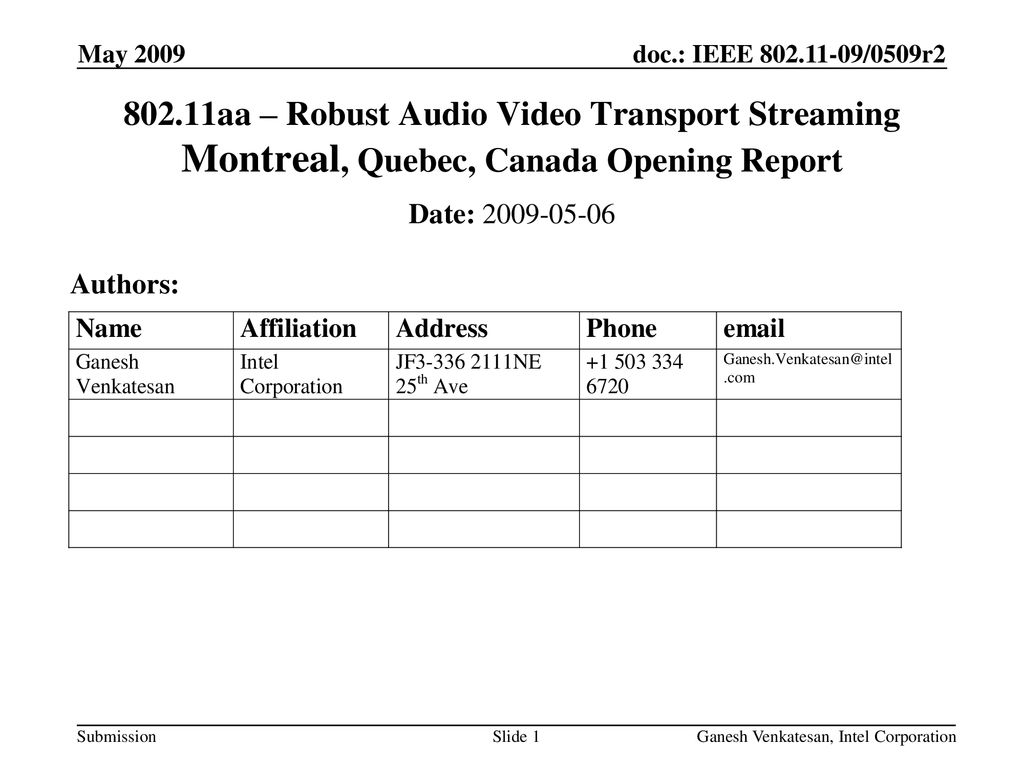 September 2008 doc.: IEEE /1003r0. May aa – Robust Audio Video Transport Streaming Montreal, Quebec, Canada Opening Report.
