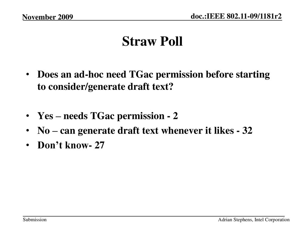 Straw Poll Does an ad-hoc need TGac permission before starting to consider/generate draft text Yes – needs TGac permission - 2.