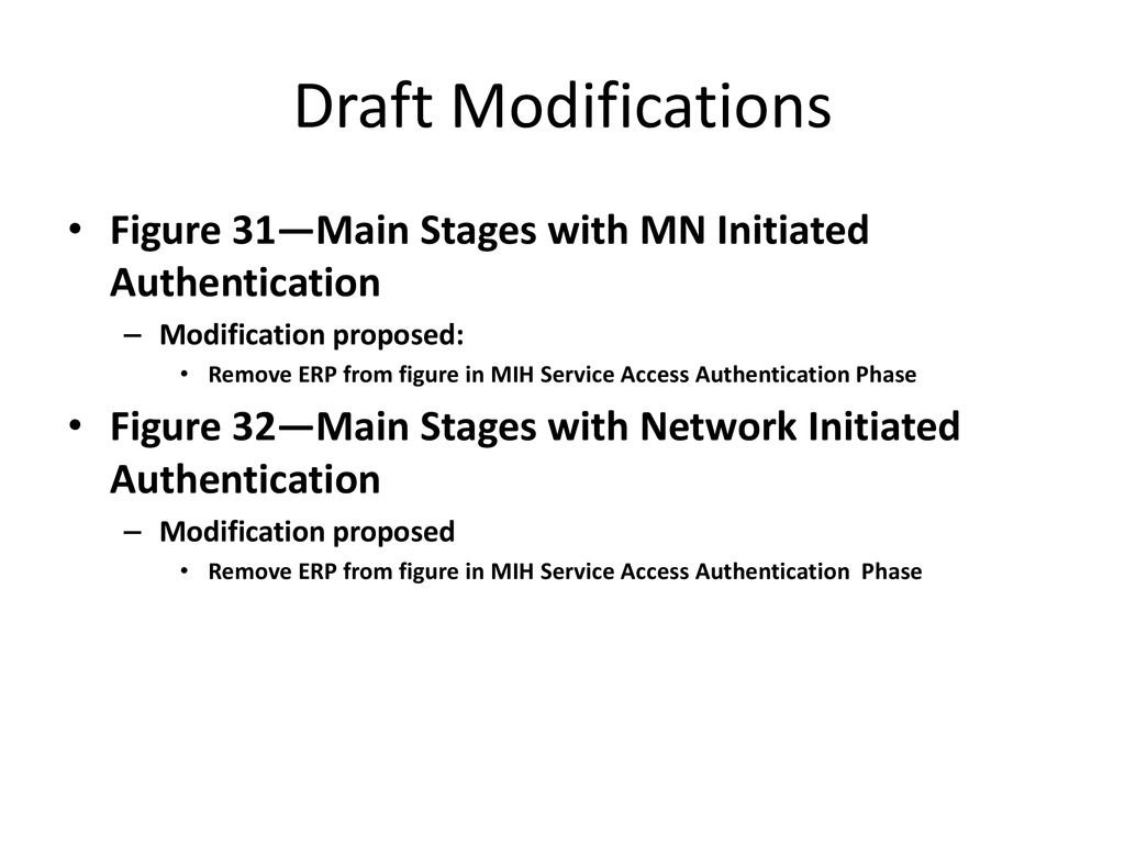 Draft Modifications Figure 31—Main Stages with MN Initiated Authentication. Modification proposed: