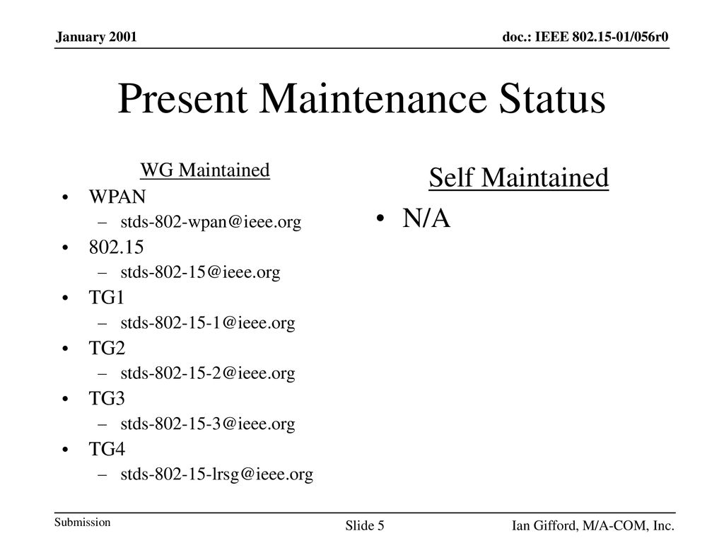 Present Maintenance Status