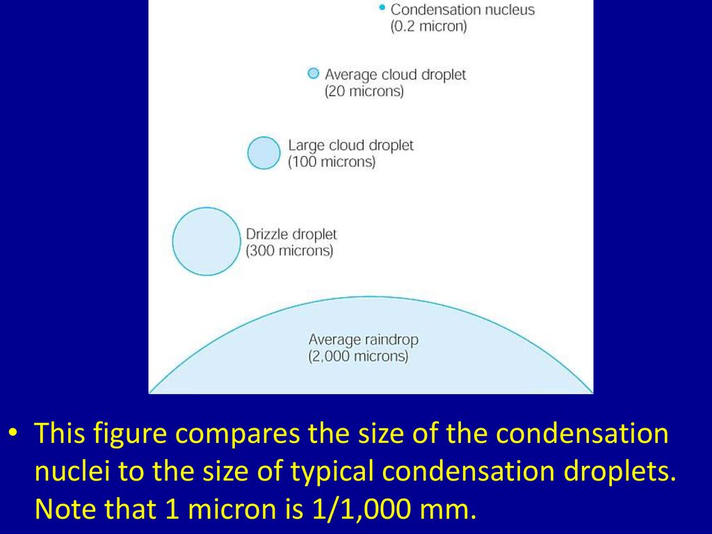 This figure compares the size of the condensation nuclei to the size of typical condensation droplets.