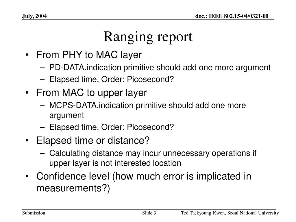 Ranging report From PHY to MAC layer From MAC to upper layer