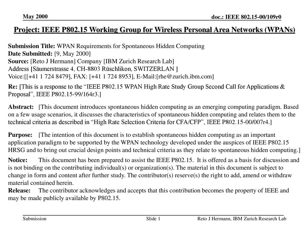 May 2000 doc.: IEEE /109r0. May Project: IEEE P Working Group for Wireless Personal Area Networks (WPANs)