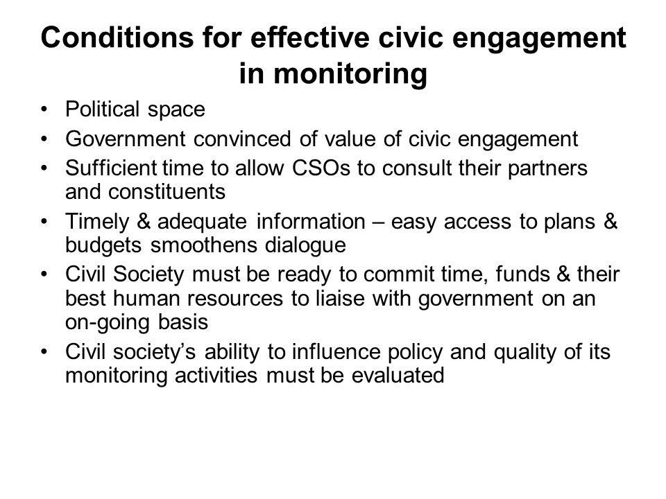 Conditions for effective civic engagement in monitoring