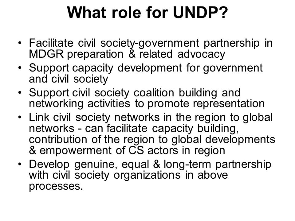 What role for UNDP Facilitate civil society-government partnership in MDGR preparation & related advocacy.