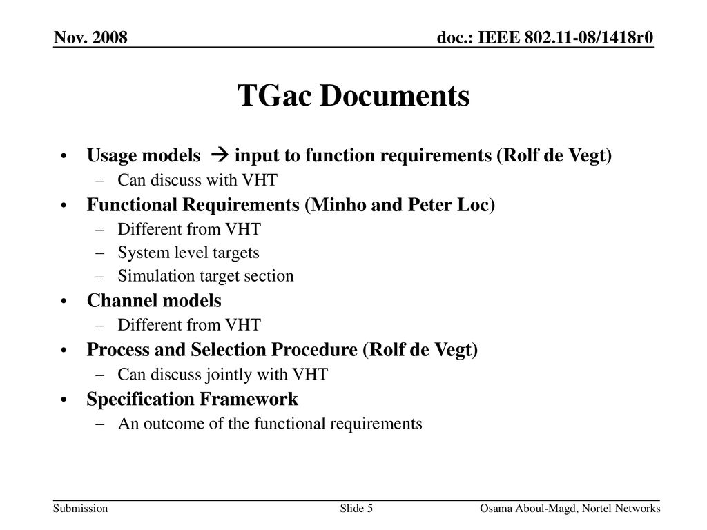 Nov TGac Documents. Usage models  input to function requirements (Rolf de Vegt) Can discuss with VHT.