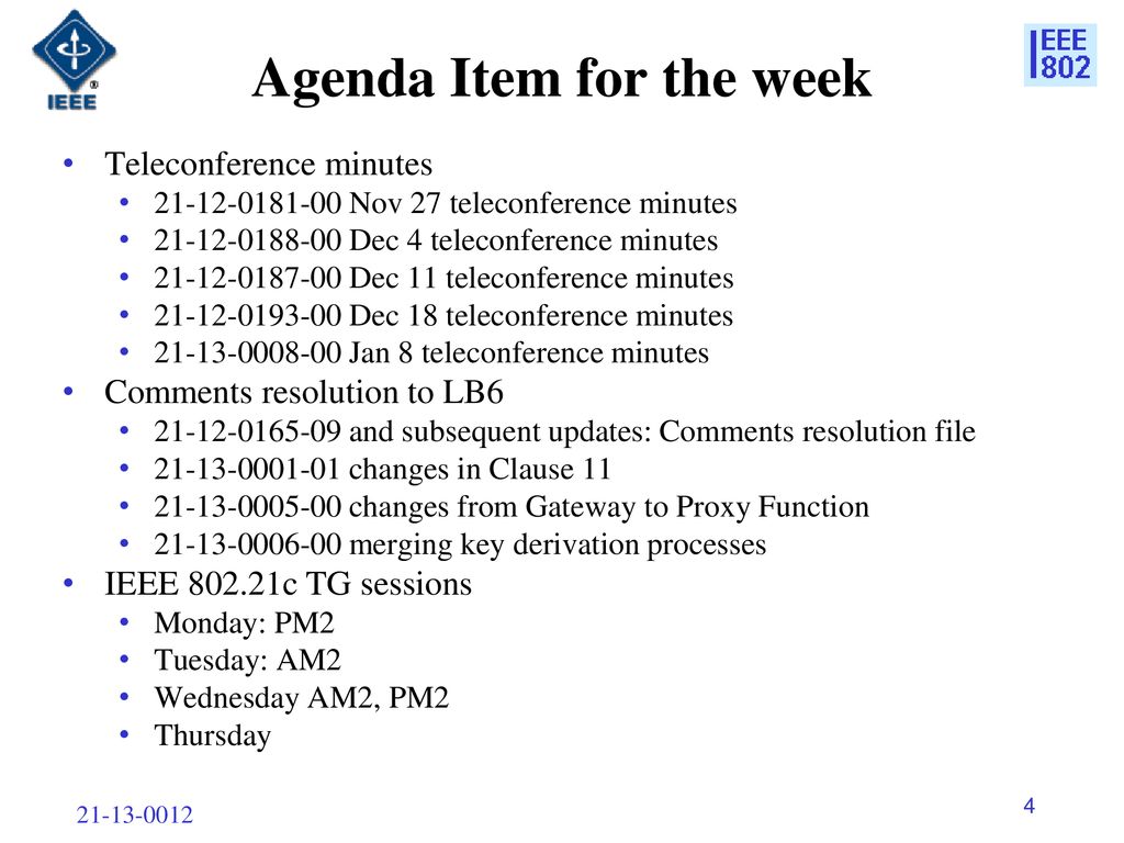 Agenda Item for the week