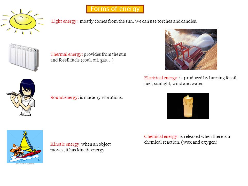 Forms of energy Light energy : mostly comes from the sun. We can use torches and candles.