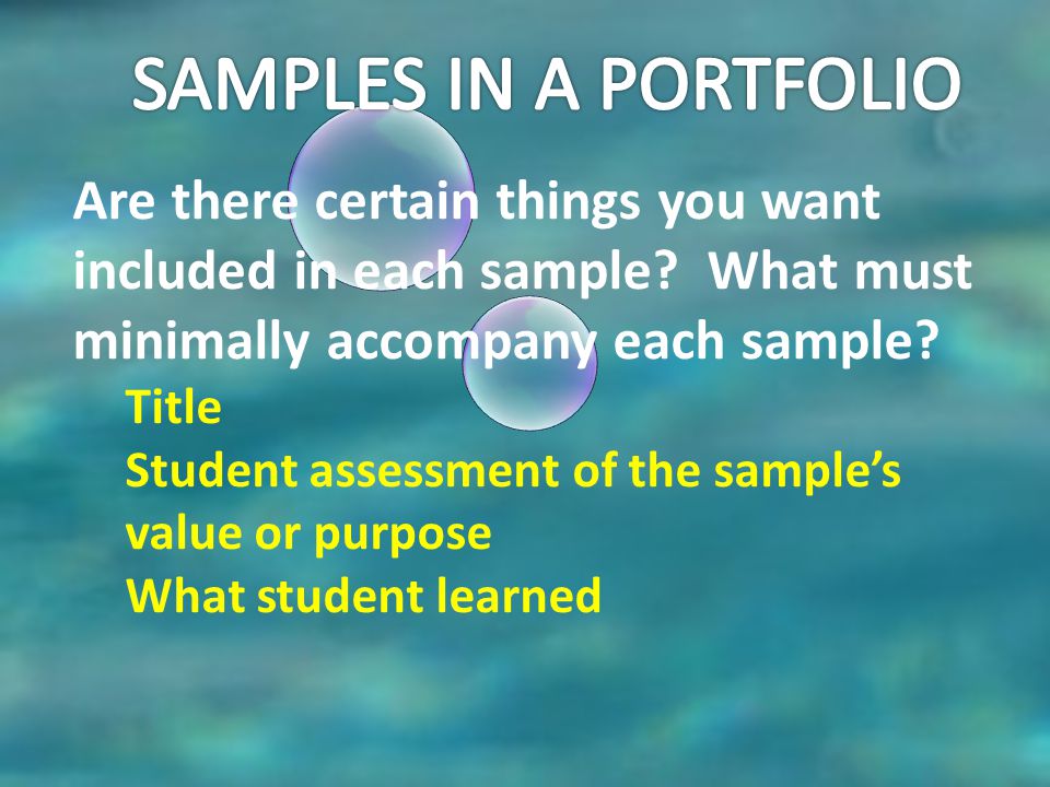 SAMPLES IN A PORTFOLIO Are there certain things you want included in each sample What must minimally accompany each sample
