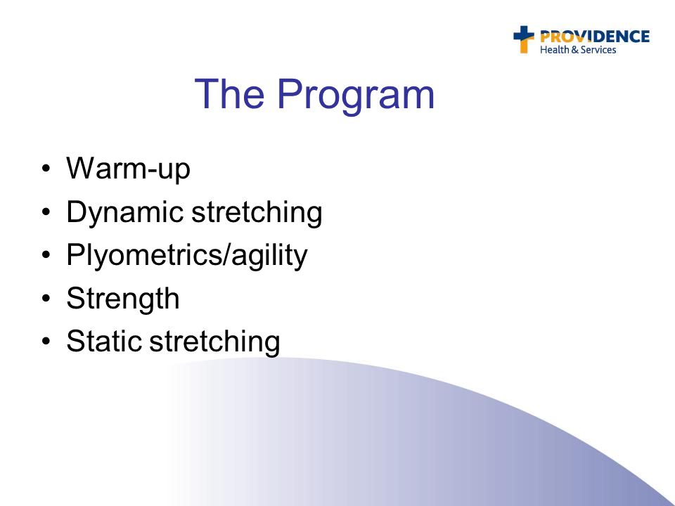 The Program Warm-up Dynamic stretching Plyometrics/agility Strength
