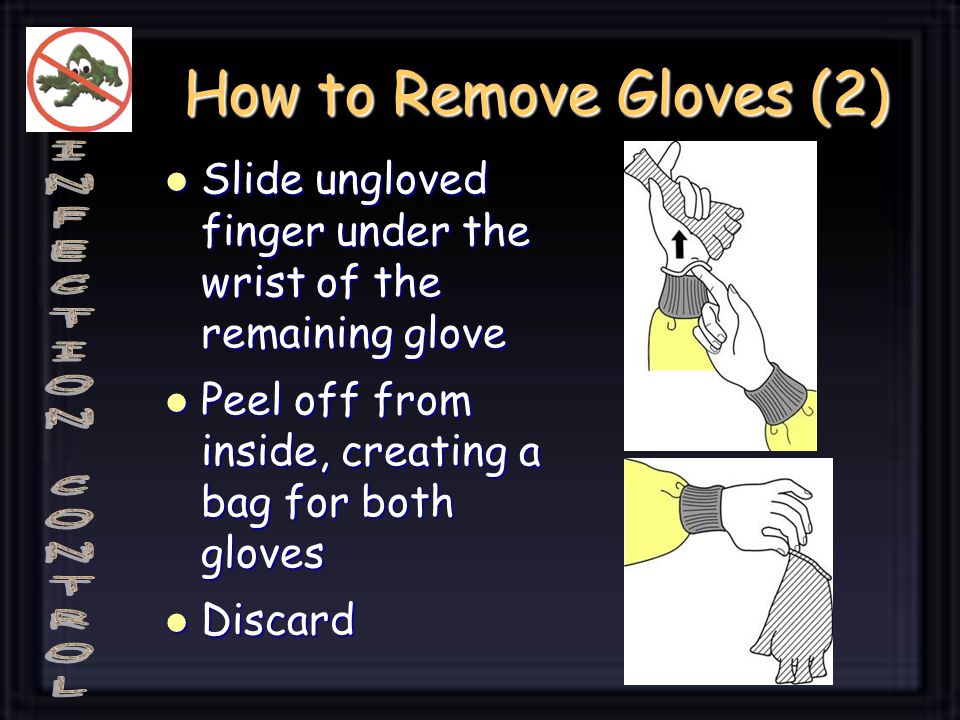 How to Remove Gloves (2) Slide ungloved finger under the wrist of the remaining glove. Peel off from inside, creating a bag for both gloves.