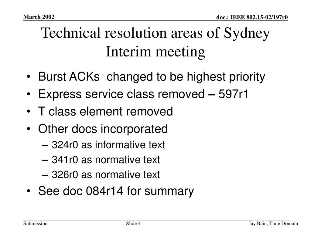 Technical resolution areas of Sydney Interim meeting