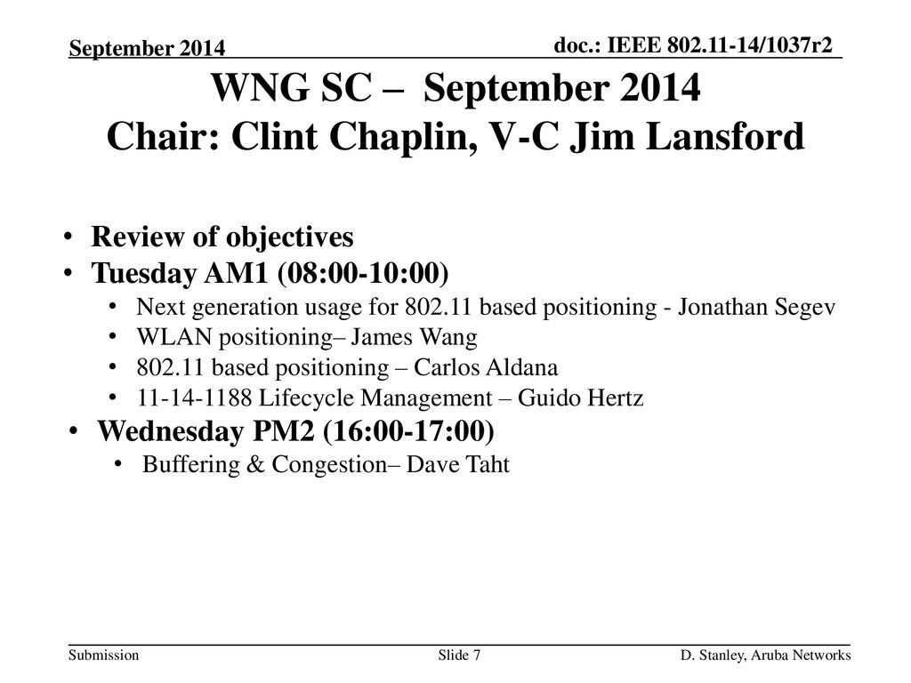 WNG SC – September 2014 Chair: Clint Chaplin, V-C Jim Lansford