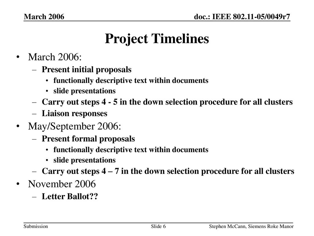 Project Timelines March 2006: May/September 2006: November 2006