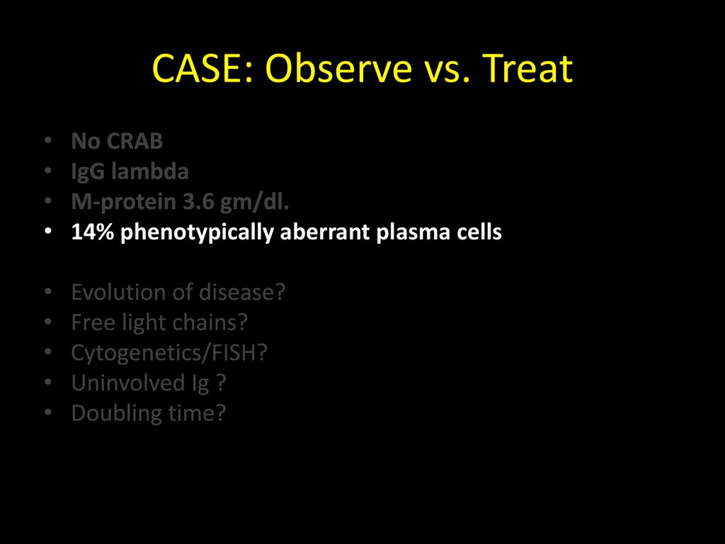 CASE: Observe vs. Treat No CRAB IgG lambda M-protein 3.6 gm/dl.