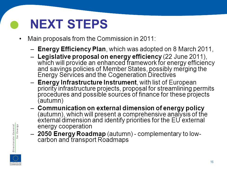  NEXT STEPS Main proposals from the Commission in 2011: