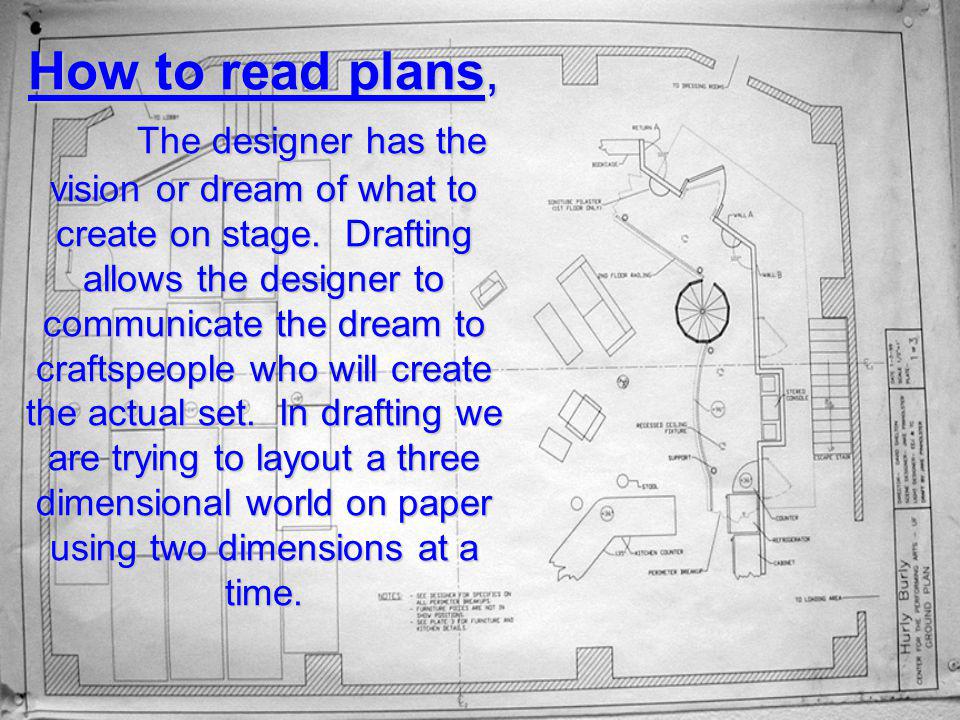 How to read plans, The designer has the vision or dream of what to create on stage.