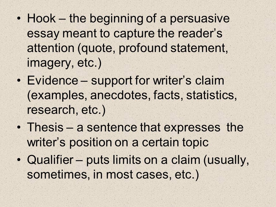 Hook – the beginning of a persuasive essay meant to capture the reader’s attention (quote, profound statement, imagery, etc.)