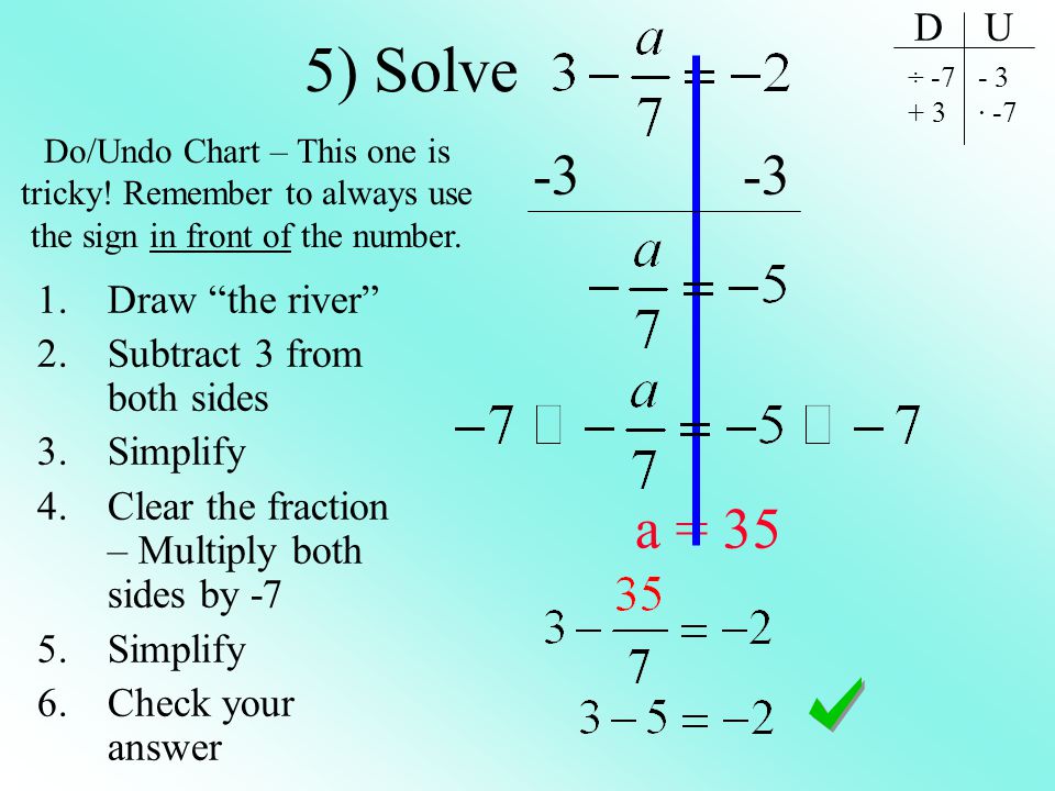 5) Solve a = 35 D U Draw the river Subtract 3 from both sides