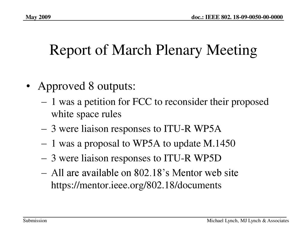 Report of March Plenary Meeting