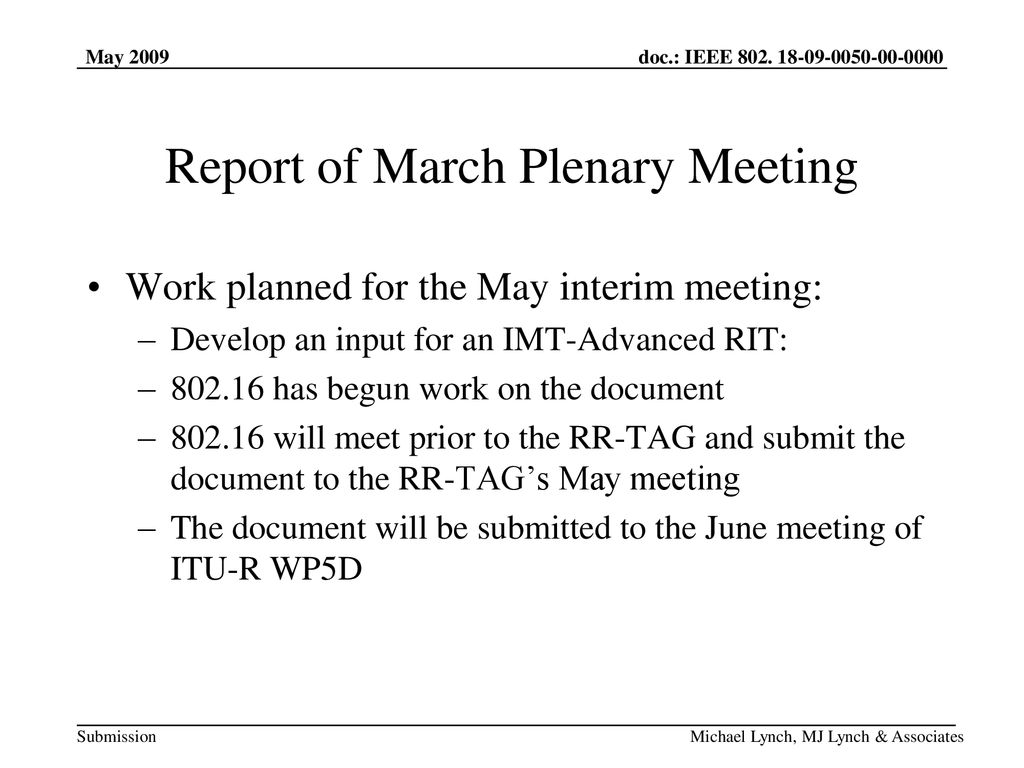 Report of March Plenary Meeting