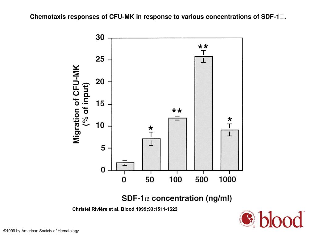 Chemotaxis responses of CFU-MK in response to various concentrations of SDF-1.