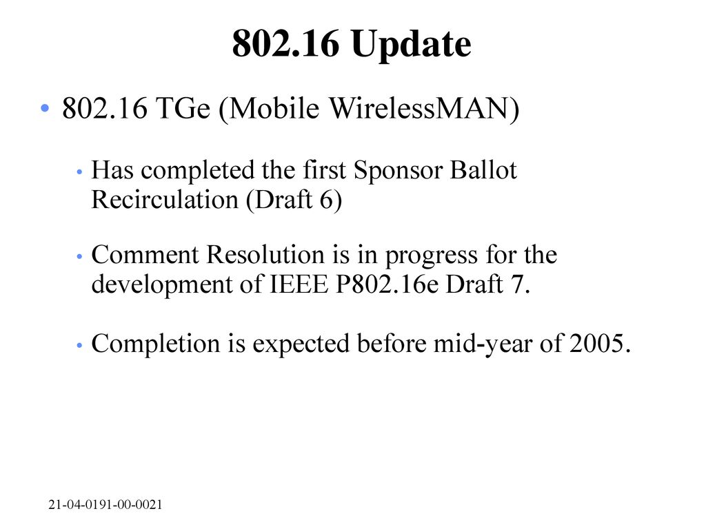 Update TGe (Mobile WirelessMAN)