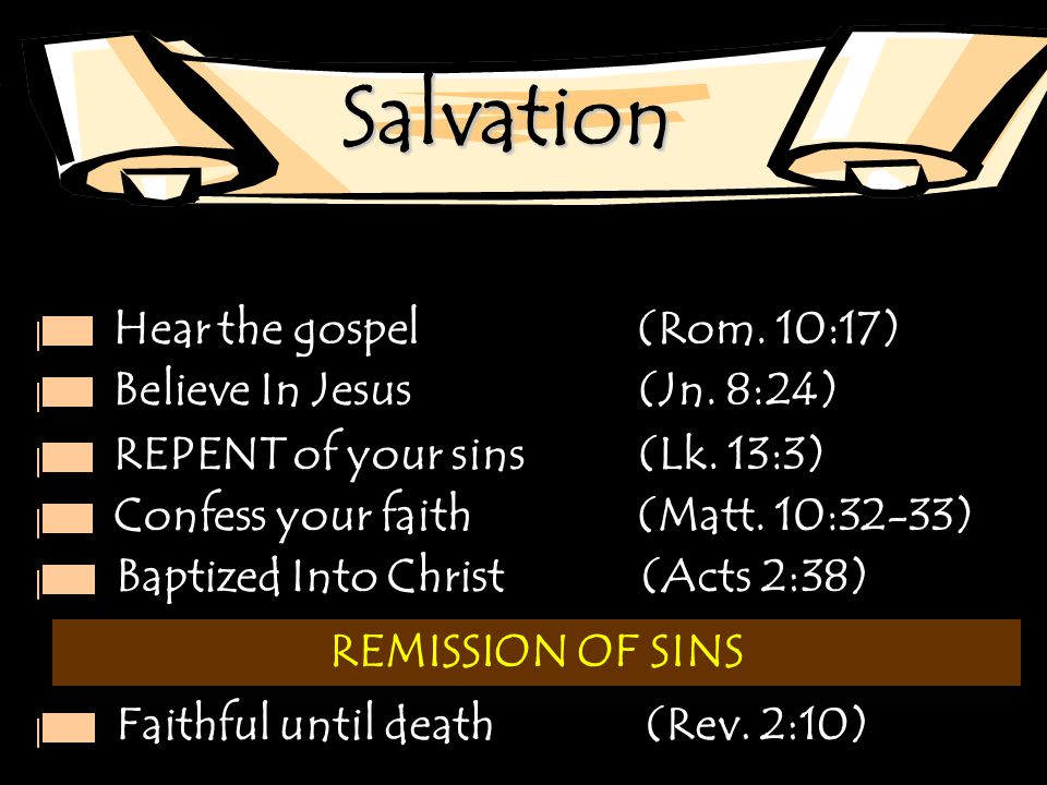 Salvation Hear the gospel (Rom. 10:17) Believe In Jesus (Jn. 8:24)
