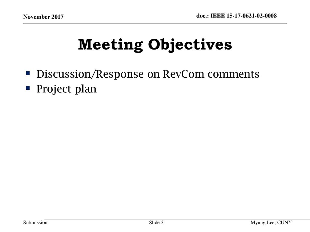Meeting Objectives Discussion/Response on RevCom comments Project plan