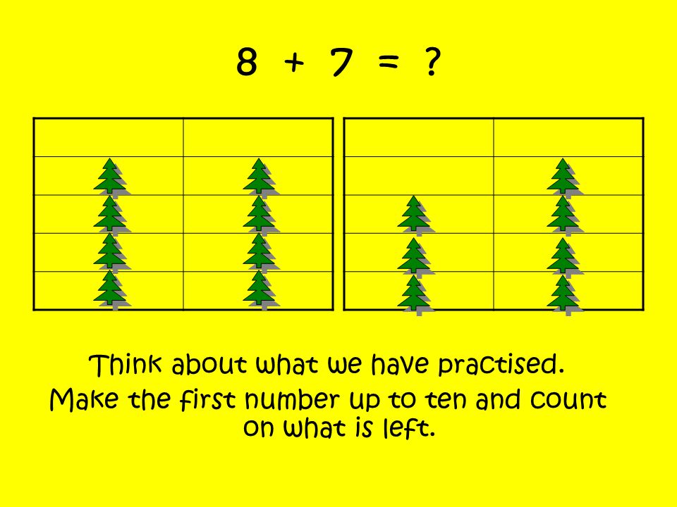 8 + 7 = Think about what we have practised.