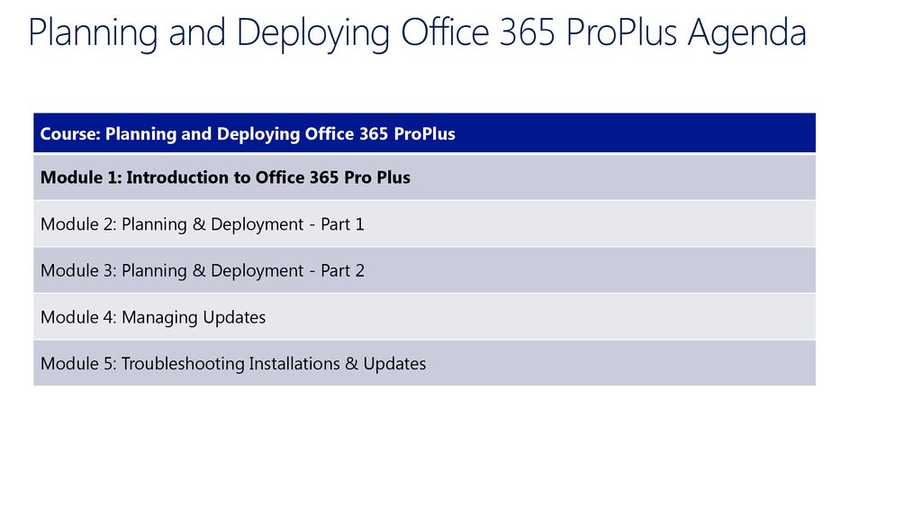 Planning and Deploying Office 365 ProPlus Agenda