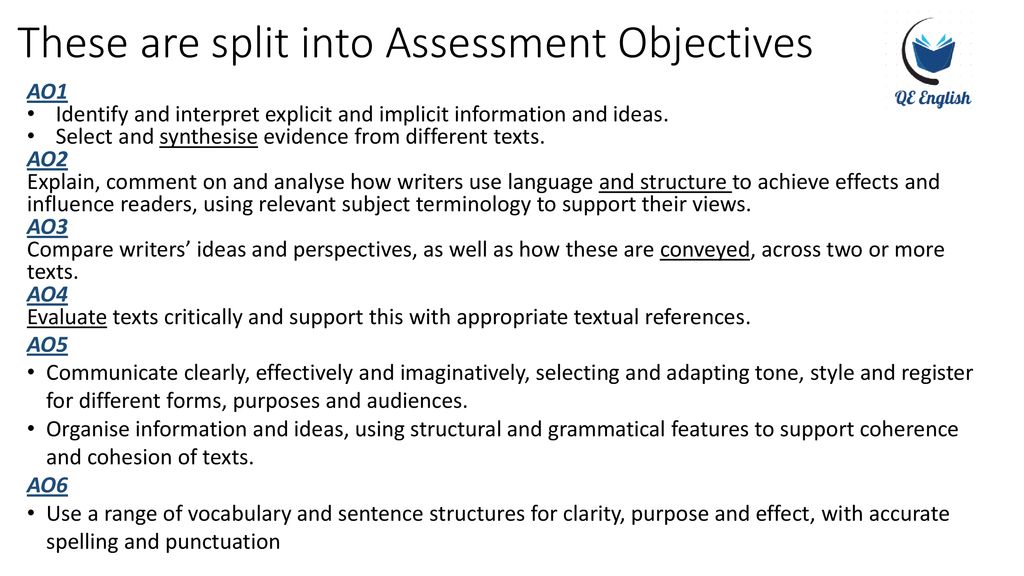 These are split into Assessment Objectives