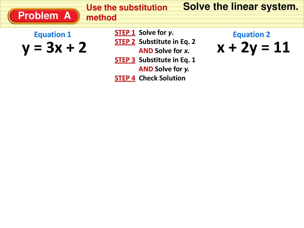 y = 3x + 2 x + 2y = 11 Solve the linear system. Problem A