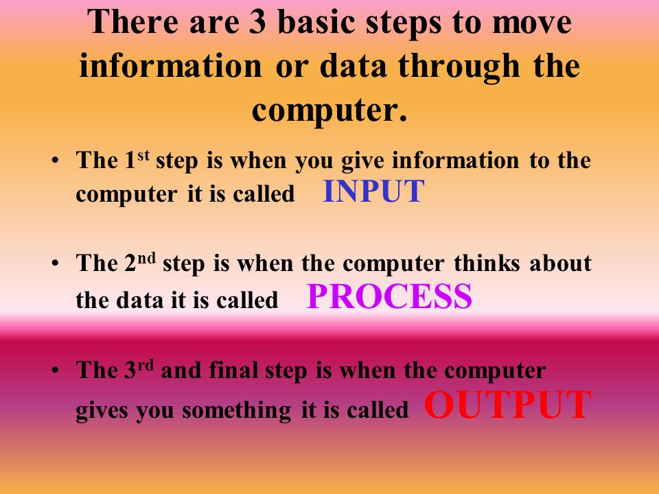 There are 3 basic steps to move information or data through the computer.