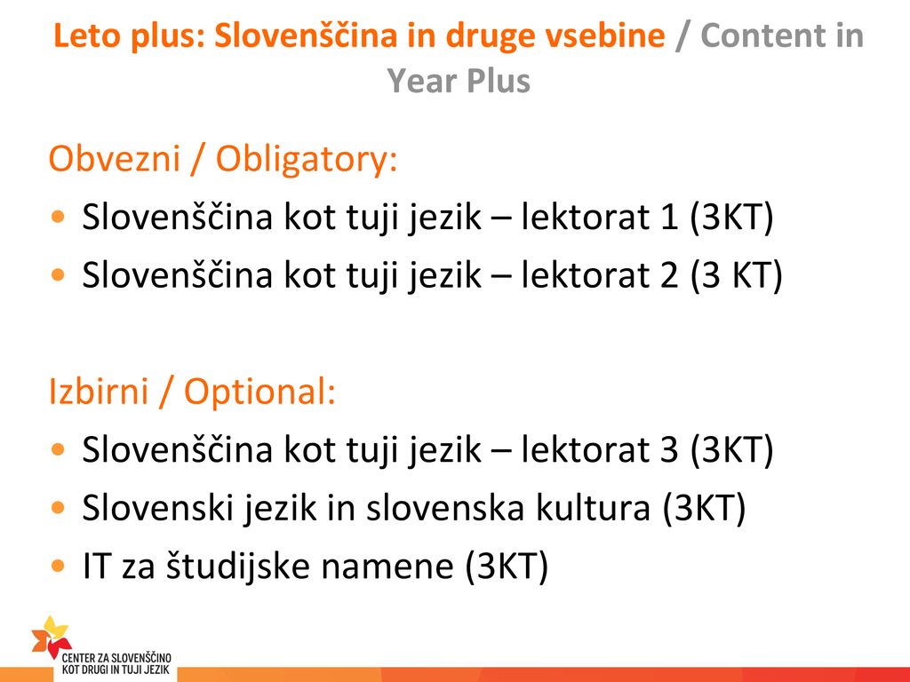 Leto plus: Slovenščina in druge vsebine / Content in Year Plus
