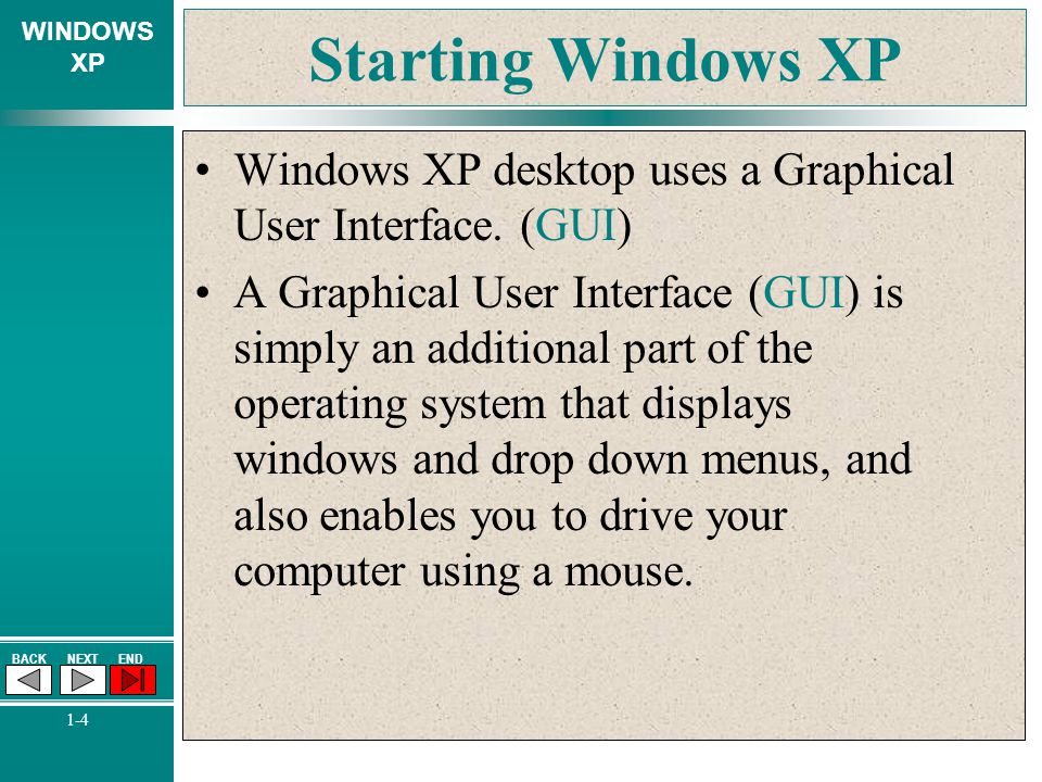 Starting Windows XP Windows XP desktop uses a Graphical User Interface. (GUI)