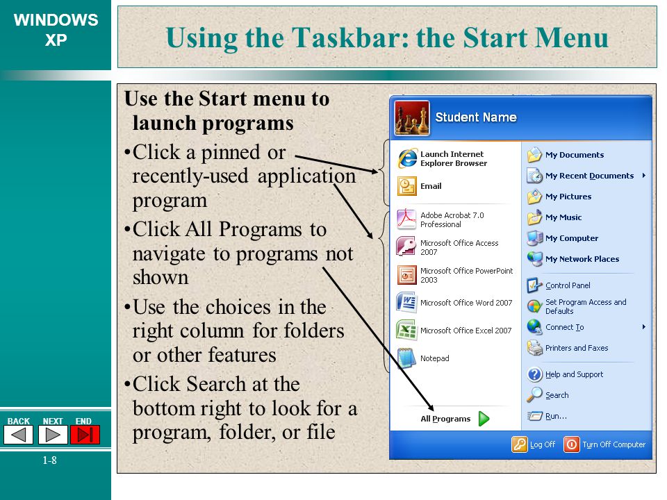 Using the Taskbar: the Start Menu