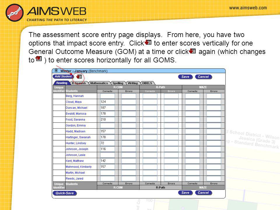 The assessment score entry page displays