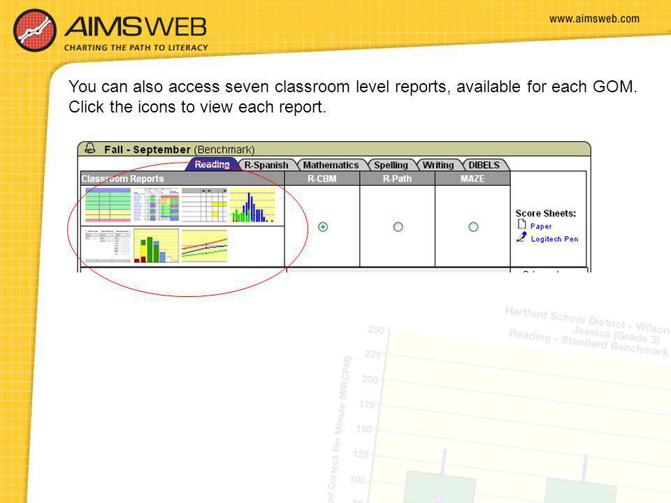 You can also access seven classroom level reports, available for each GOM.