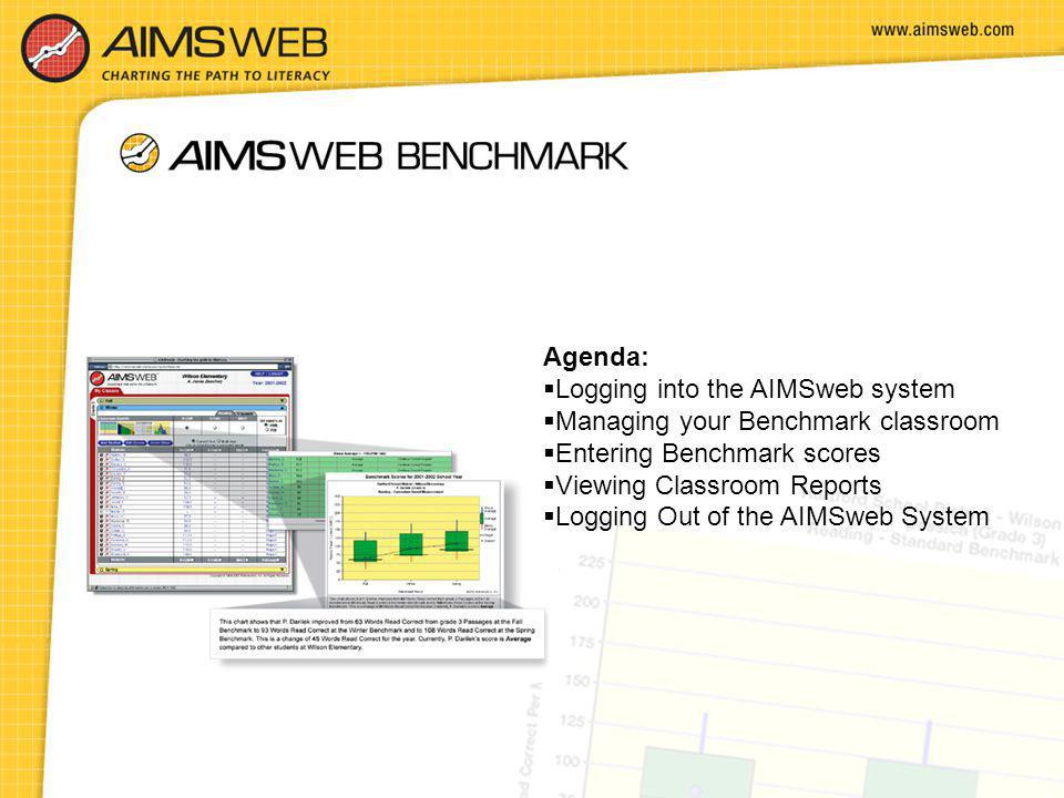 Agenda: Logging into the AIMSweb system. Managing your Benchmark classroom. Entering Benchmark scores.