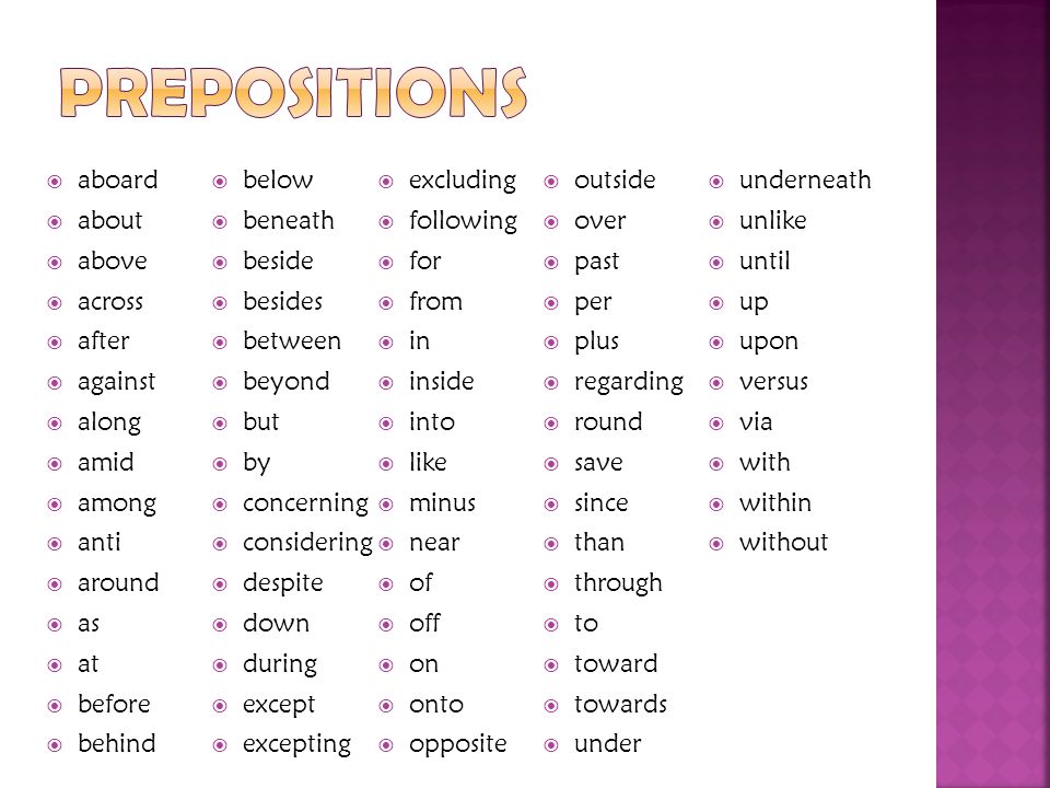 Prepositions aboard below excluding outside underneath about beneath