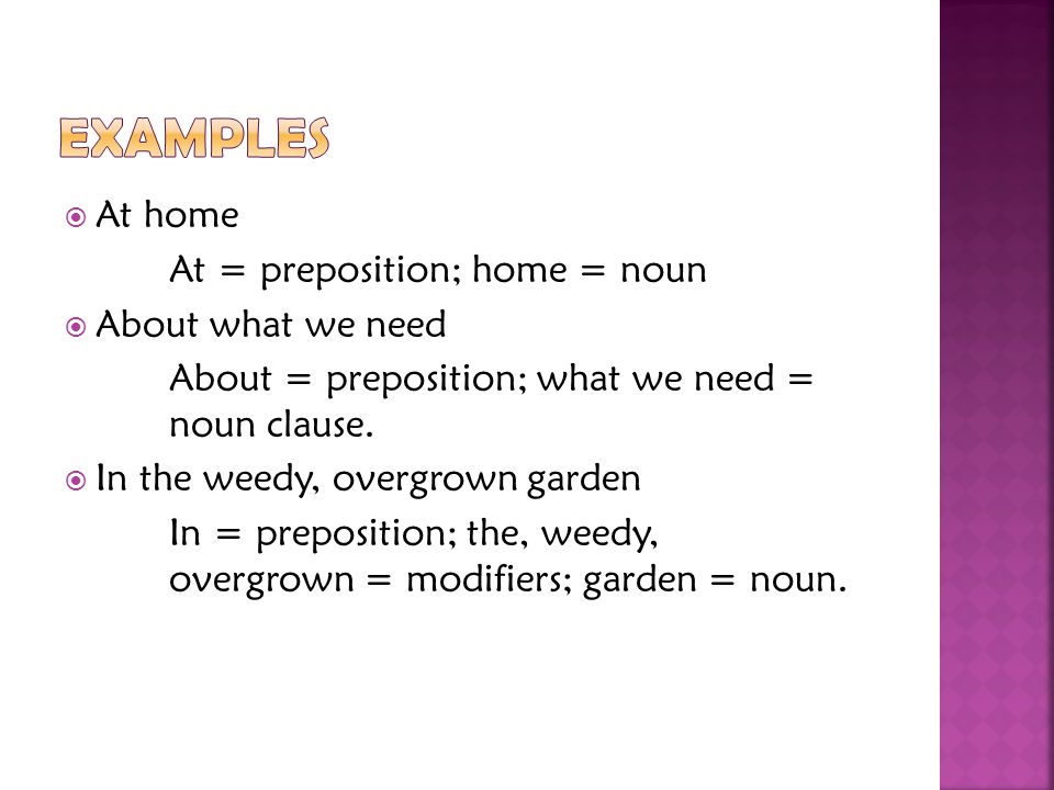 Examples At home At = preposition; home = noun About what we need
