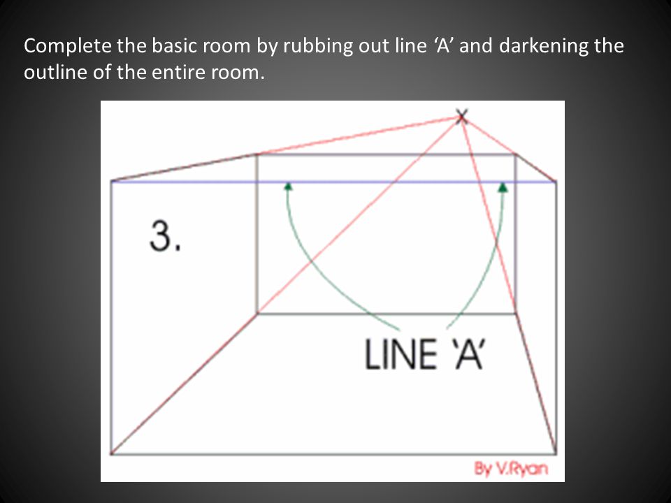 Complete the basic room by rubbing out line ‘A’ and darkening the outline of the entire room.