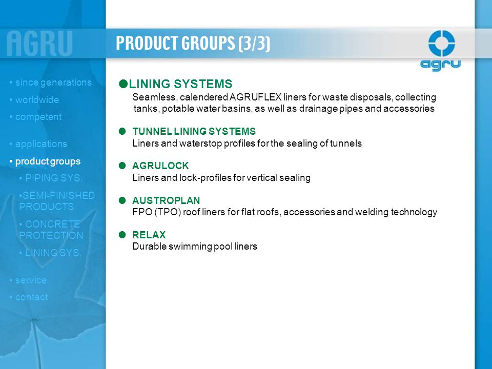 PRODUCT GROUPS (3/3) LINING SYSTEMS since generations worldwide
