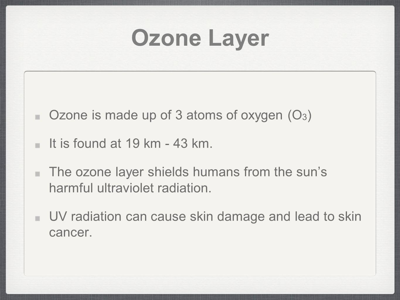 Ozone Layer Ozone is made up of 3 atoms of oxygen (O3)