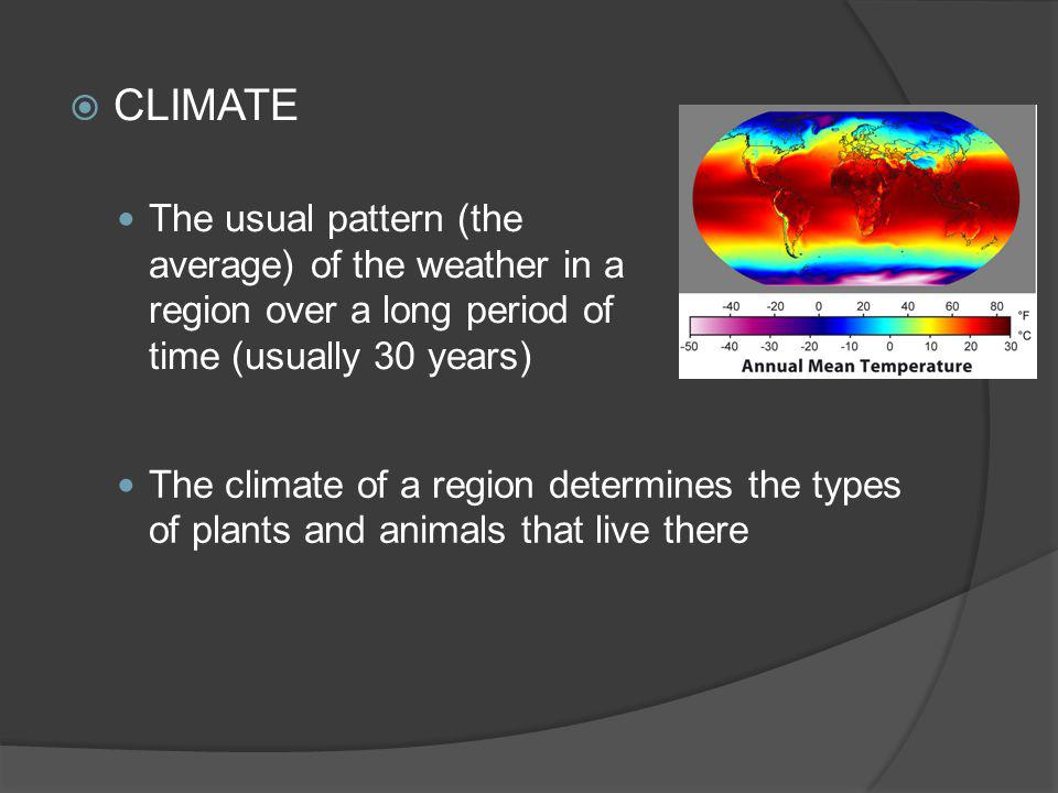 CLIMATE The usual pattern (the average) of the weather in a region over a long period of time (usually 30 years)