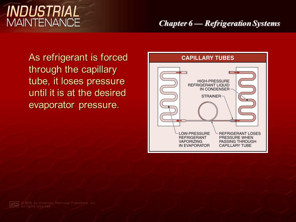As refrigerant is forced through the capillary tube, it loses pressure until it is at the desired evaporator pressure.